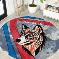 Mongolia Round Carpet with Tribal Wolf Clouds Red Blue Flag Spirit