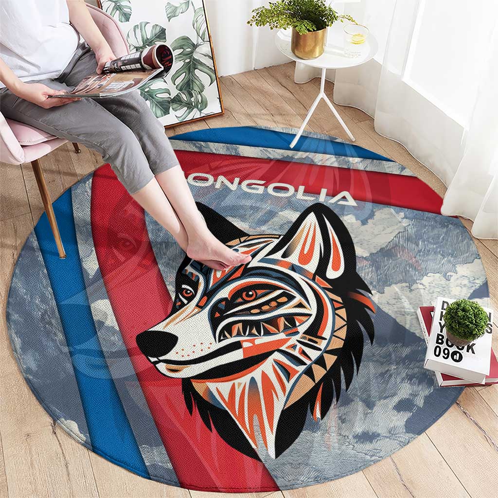 Mongolia Round Carpet with Tribal Wolf Clouds Red Blue Flag Spirit