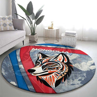 Mongolia Round Carpet with Tribal Wolf Clouds Red Blue Flag Spirit