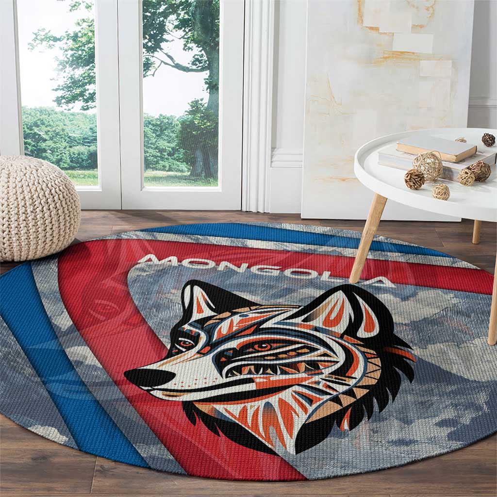 Mongolia Round Carpet with Tribal Wolf Clouds Red Blue Flag Spirit