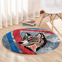 Mongolia Round Carpet with Tribal Wolf Clouds Red Blue Flag Spirit