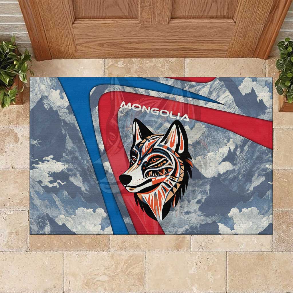 Mongolia Rubber Doormat with Tribal Wolf Clouds Red Blue Flag Spirit