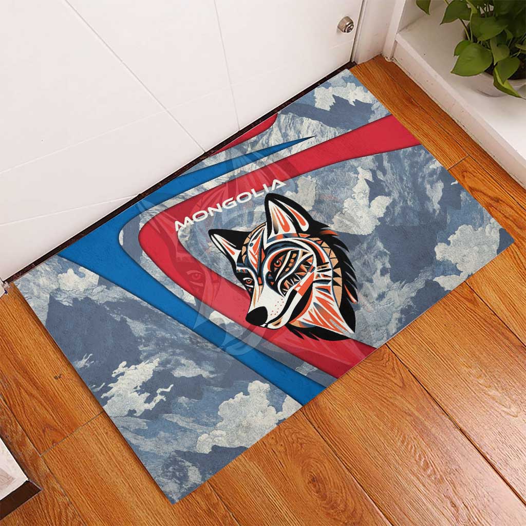 Mongolia Rubber Doormat with Tribal Wolf Clouds Red Blue Flag Spirit