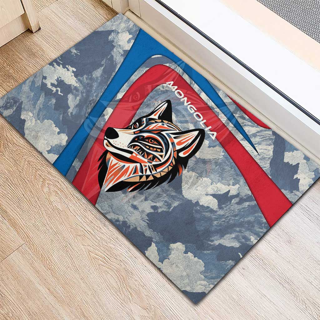 Mongolia Rubber Doormat with Tribal Wolf Clouds Red Blue Flag Spirit