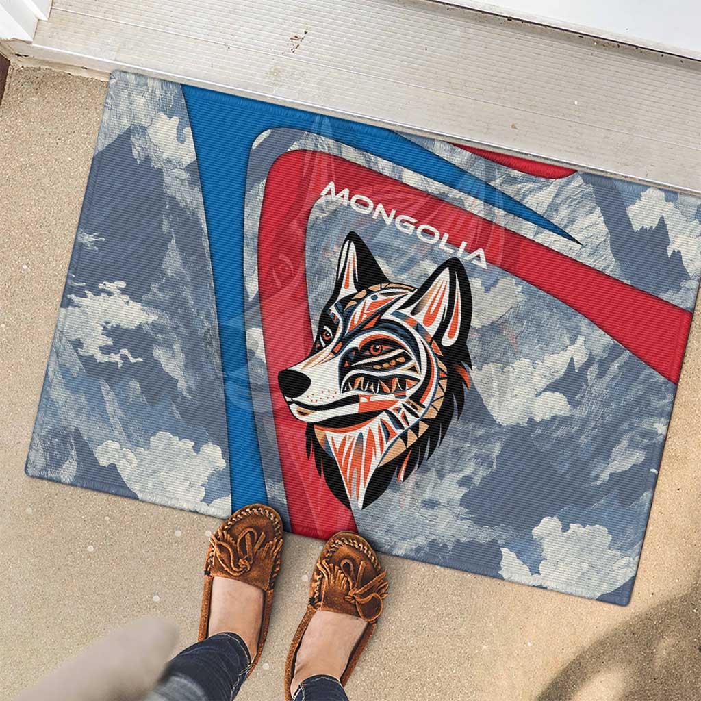 Mongolia Rubber Doormat with Tribal Wolf Clouds Red Blue Flag Spirit