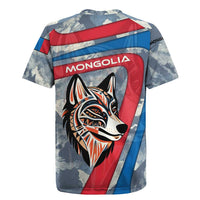 Mongolia Rugby Jersey with Tribal Wolf Clouds Red Blue Flag Spirit