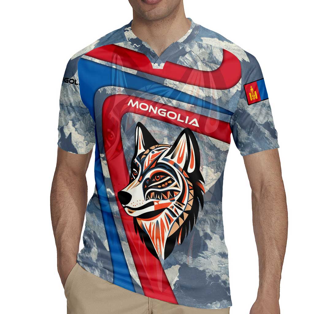 Mongolia Rugby Jersey with Tribal Wolf Clouds Red Blue Flag Spirit