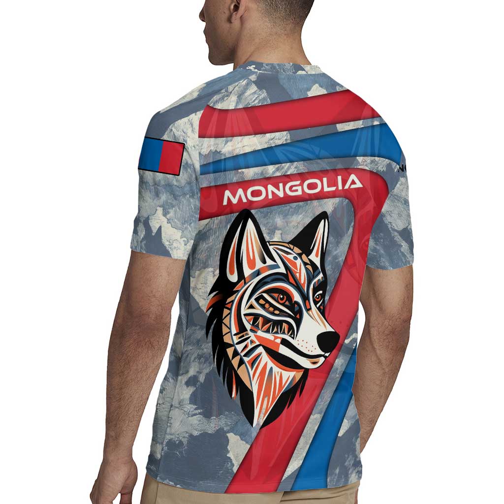 Mongolia Rugby Jersey with Tribal Wolf Clouds Red Blue Flag Spirit