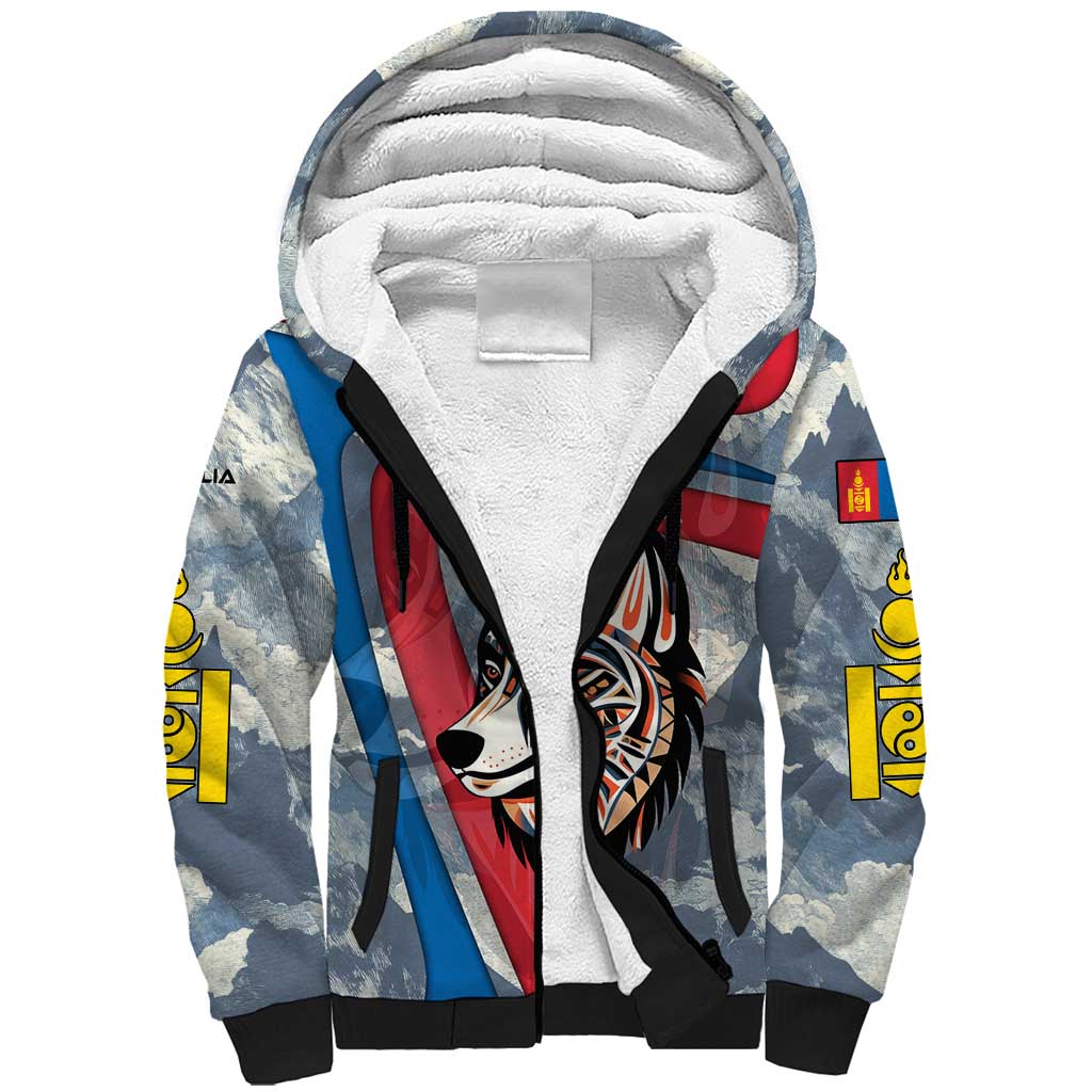 Mongolia Sherpa Hoodie with Tribal Wolf Clouds Red Blue Flag Spirit