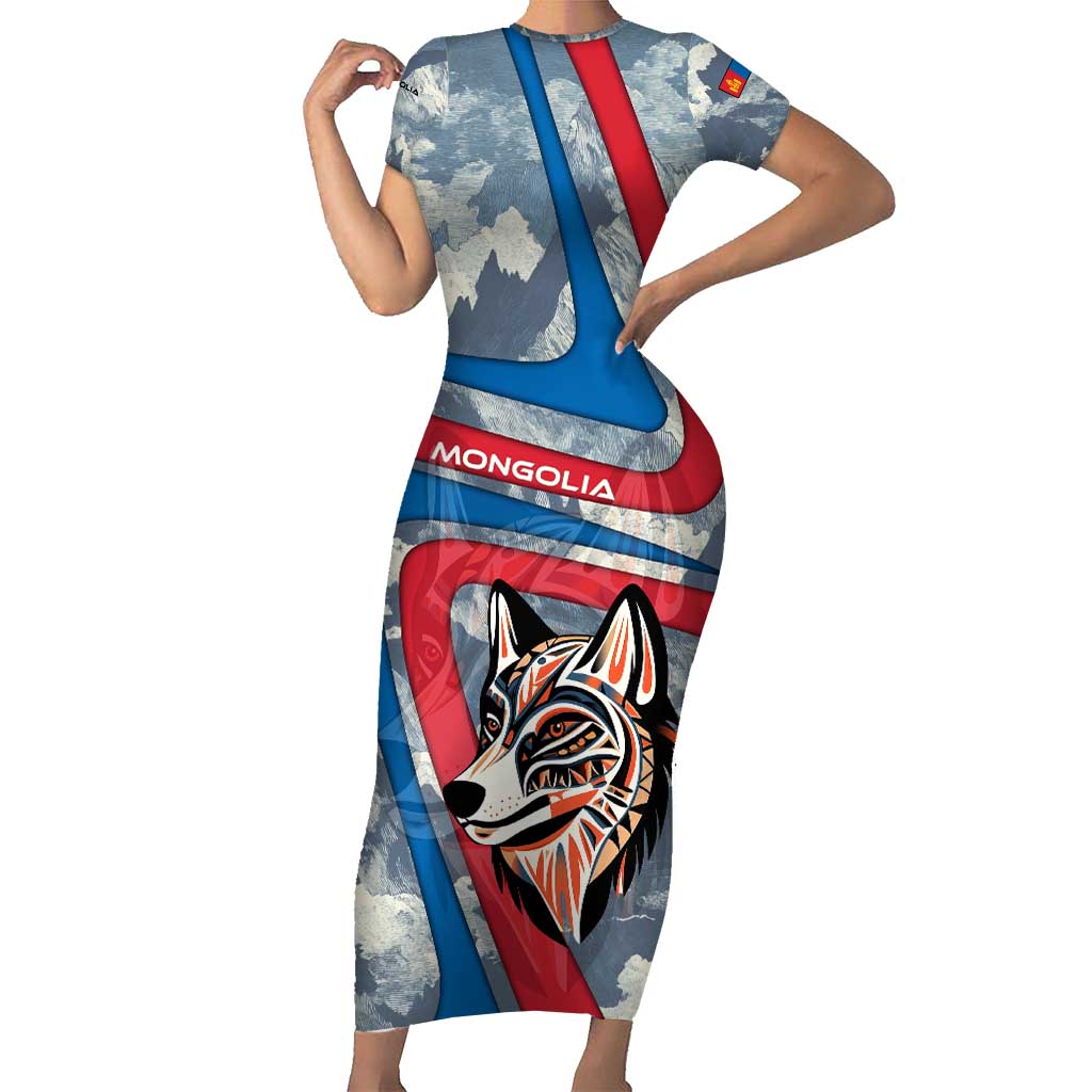 Mongolia Short Sleeve Bodycon Dress with Tribal Wolf Clouds Red Blue Flag Spirit