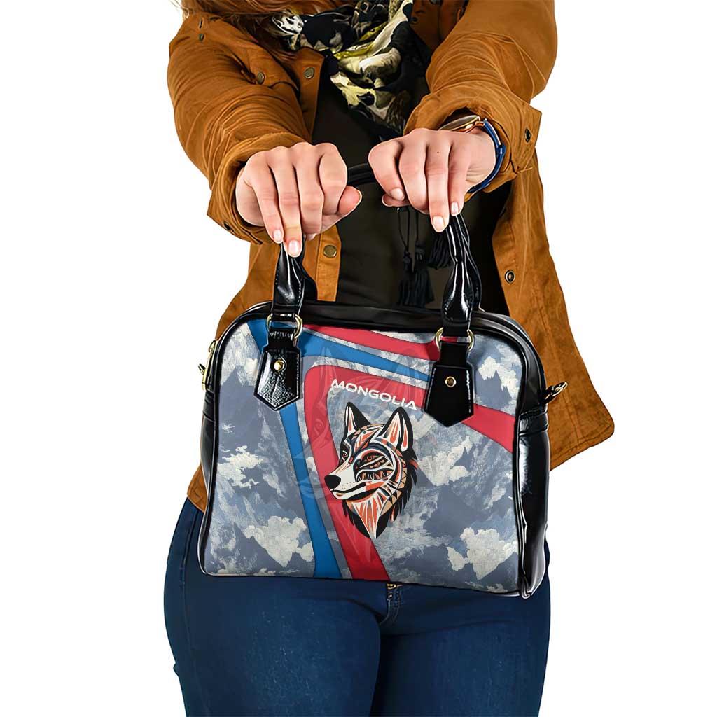 Mongolia Shoulder Handbag with Tribal Wolf Clouds Red Blue Flag Spirit