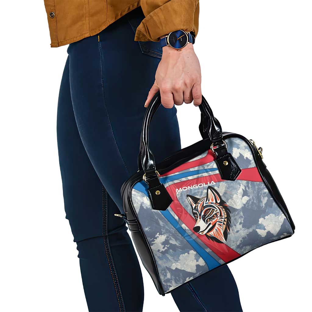 Mongolia Shoulder Handbag with Tribal Wolf Clouds Red Blue Flag Spirit