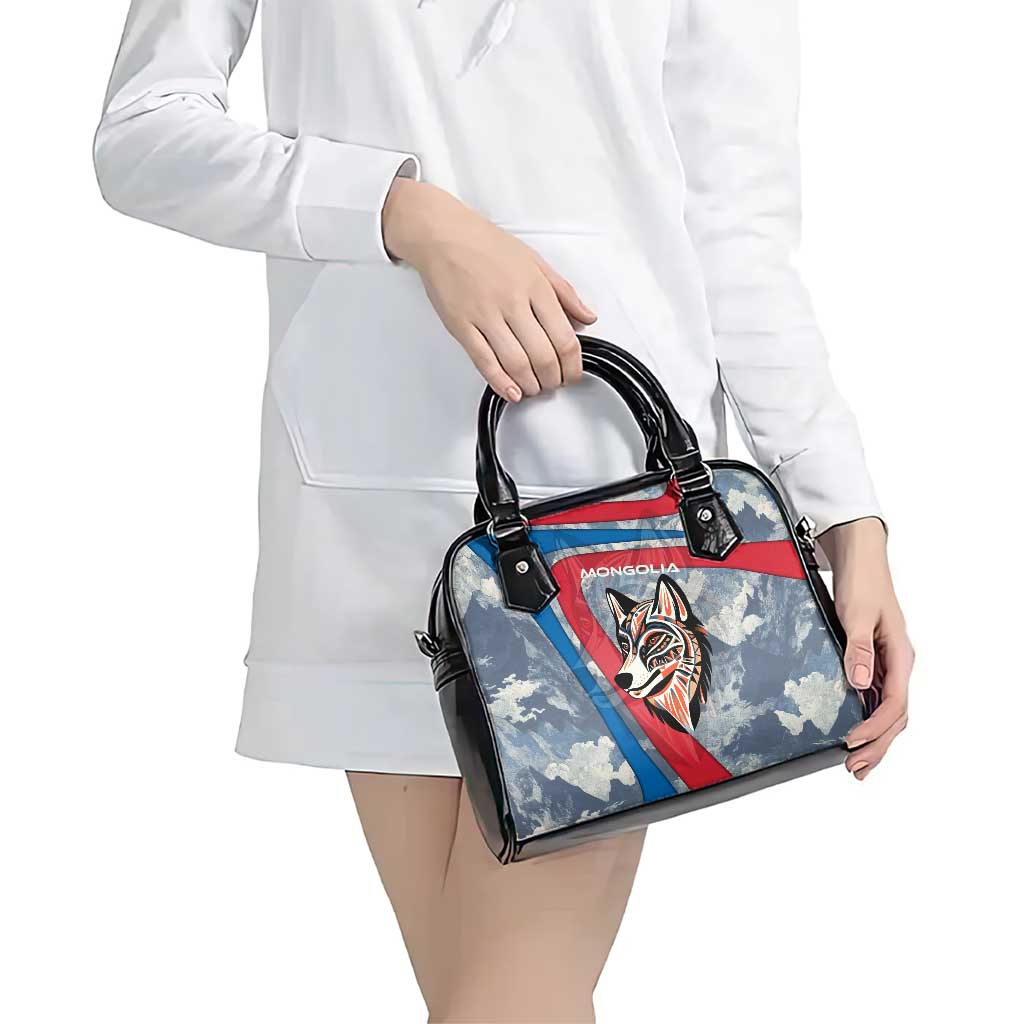 Mongolia Shoulder Handbag with Tribal Wolf Clouds Red Blue Flag Spirit