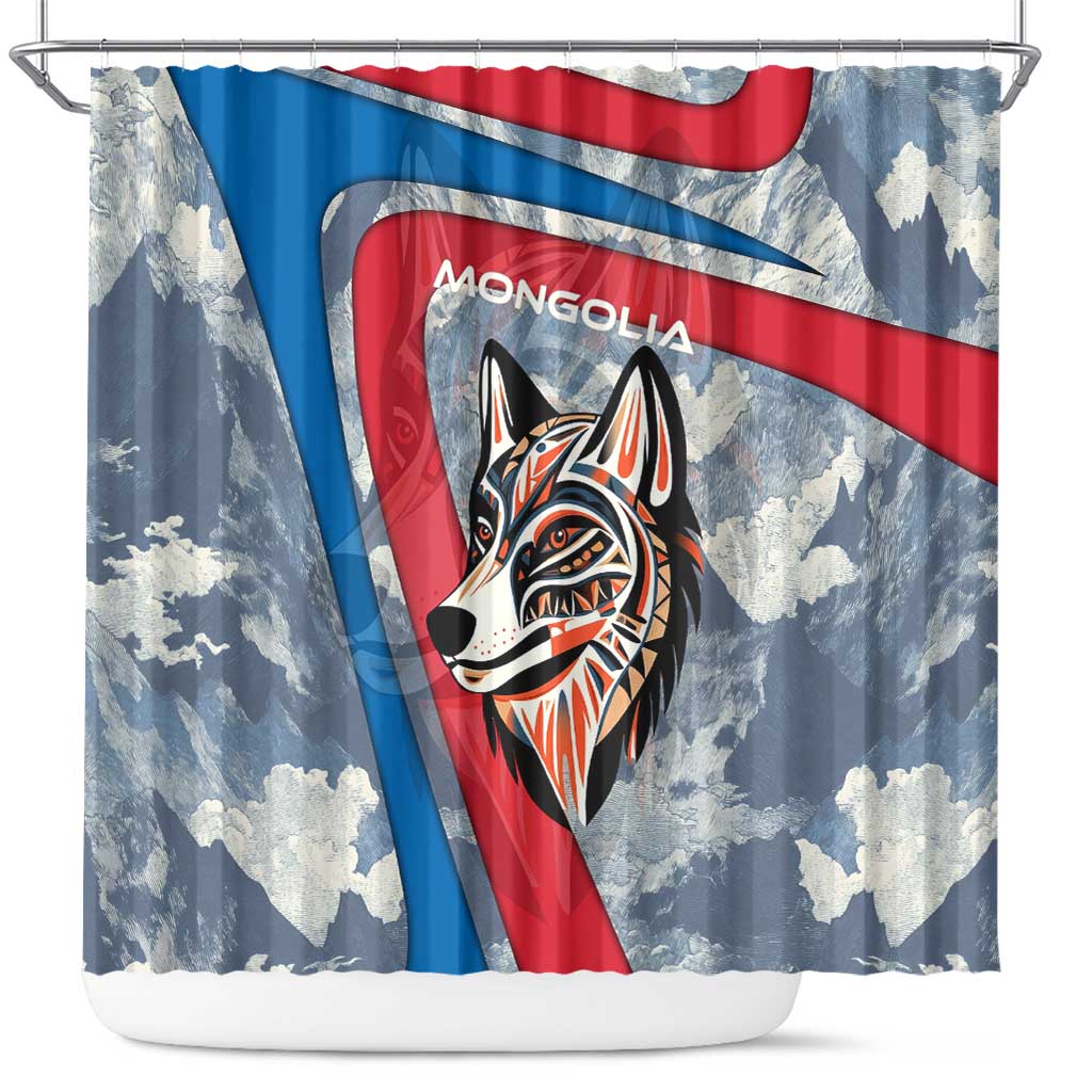 Mongolia Shower Curtain with Tribal Wolf Clouds Red Blue Flag Spirit