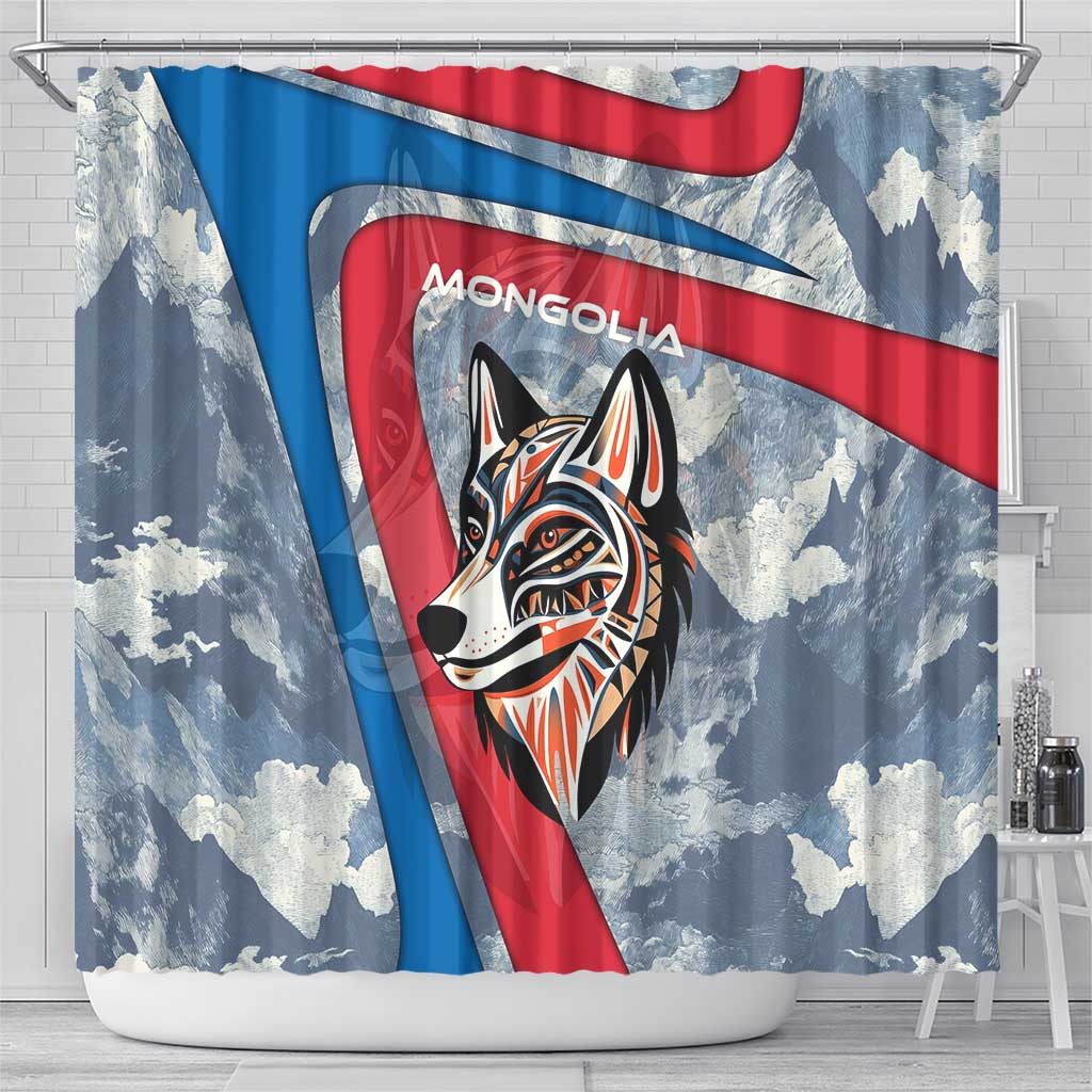 Mongolia Shower Curtain with Tribal Wolf Clouds Red Blue Flag Spirit
