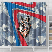 Mongolia Shower Curtain with Tribal Wolf Clouds Red Blue Flag Spirit