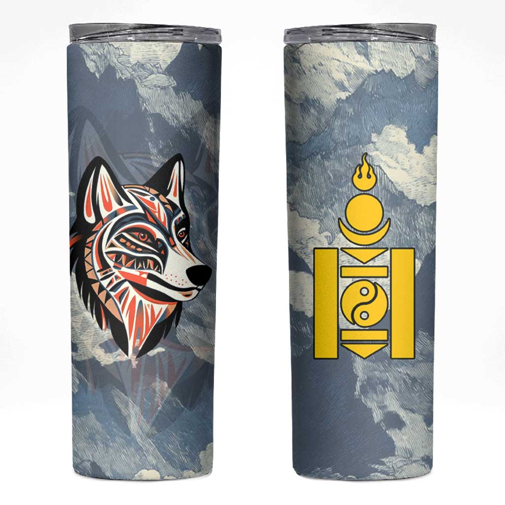 Mongolia Skinny Tumbler with Tribal Wolf Clouds Red Blue Flag Spirit