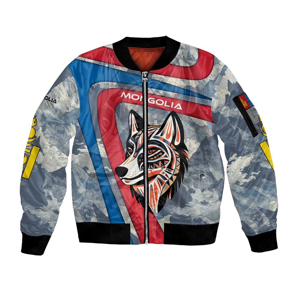 Mongolia Sleeve Zip Bomber Jacket with Tribal Wolf Clouds Red Blue Flag Spirit