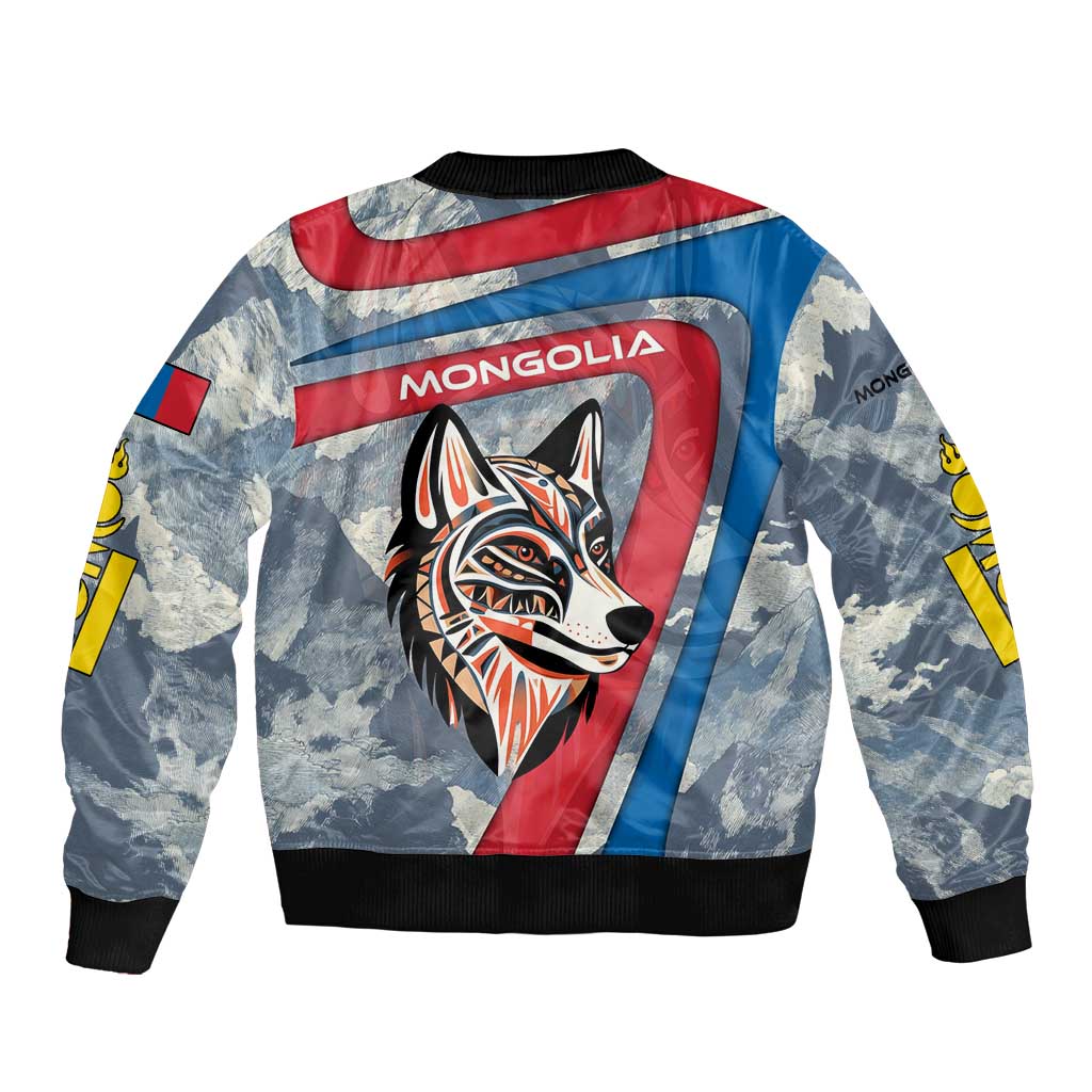 Mongolia Sleeve Zip Bomber Jacket with Tribal Wolf Clouds Red Blue Flag Spirit