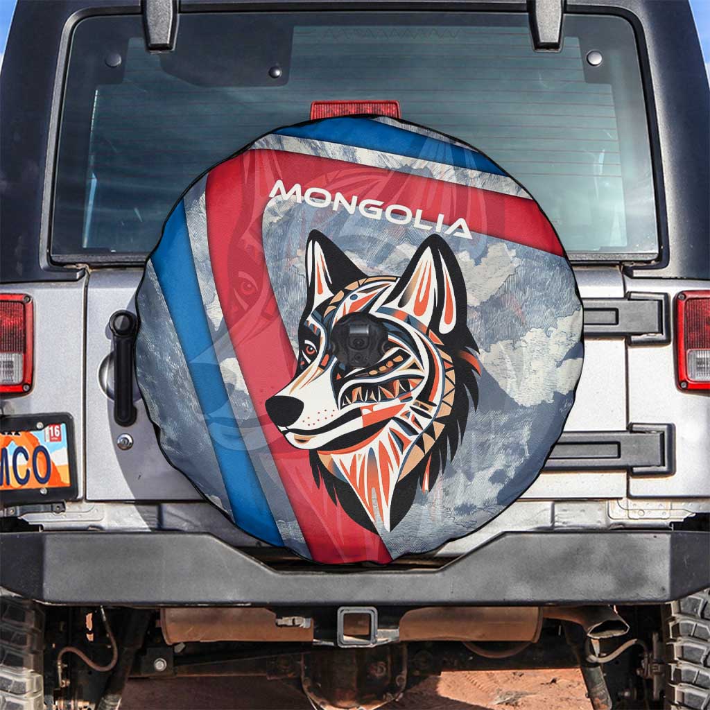 Mongolia Spare Tire Cover with Tribal Wolf Clouds Red Blue Flag Spirit