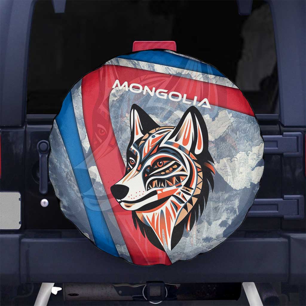 Mongolia Spare Tire Cover with Tribal Wolf Clouds Red Blue Flag Spirit