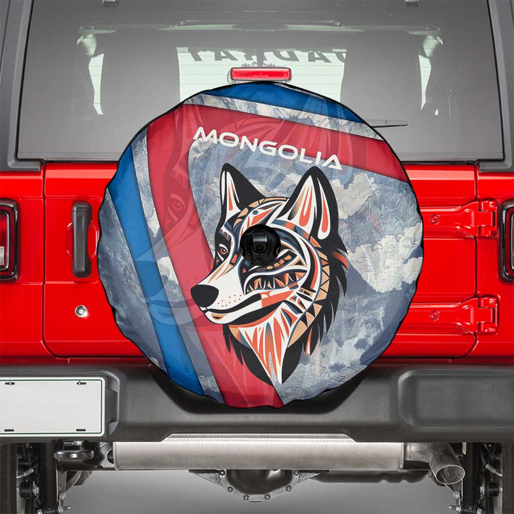 Mongolia Spare Tire Cover with Tribal Wolf Clouds Red Blue Flag Spirit