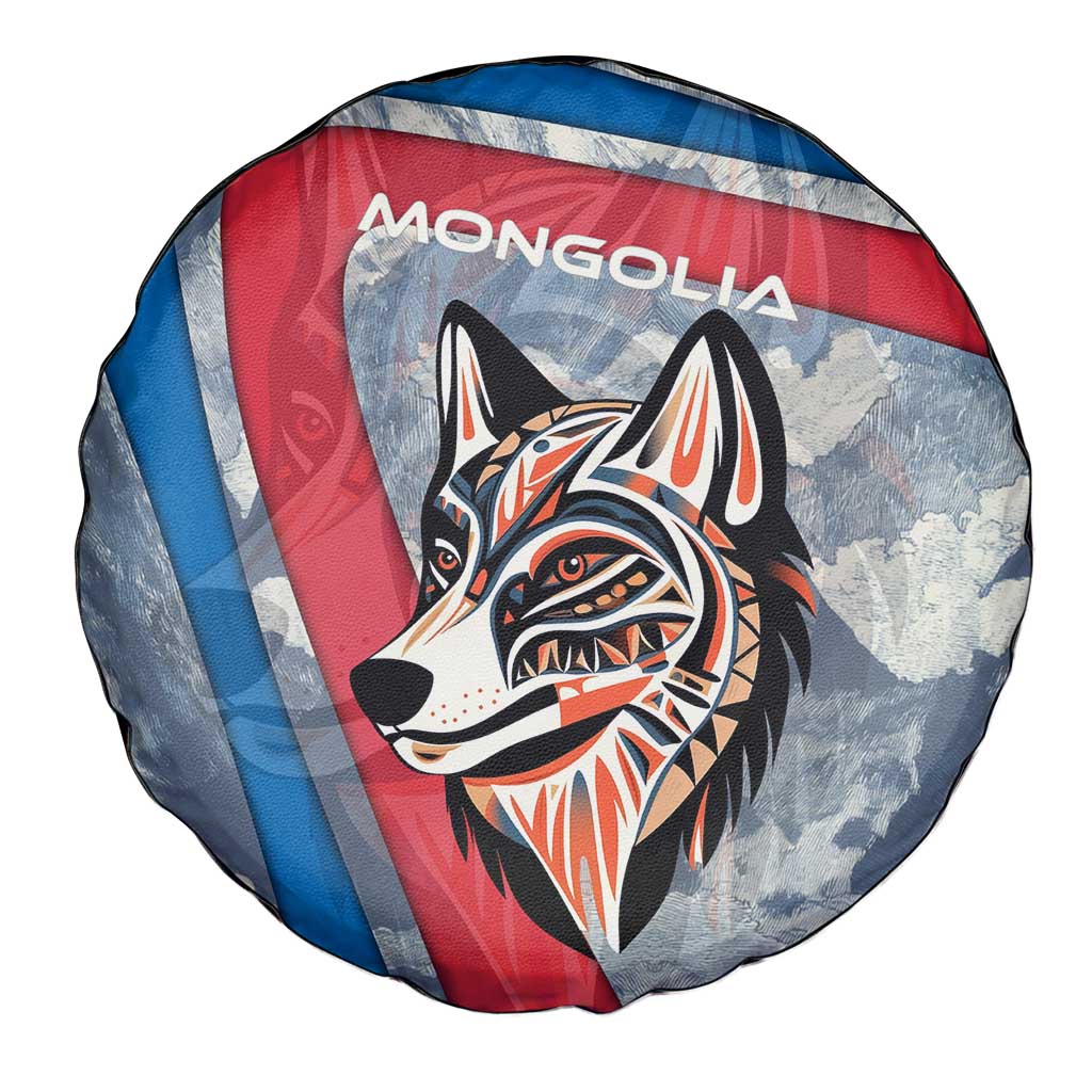 Mongolia Spare Tire Cover with Tribal Wolf Clouds Red Blue Flag Spirit