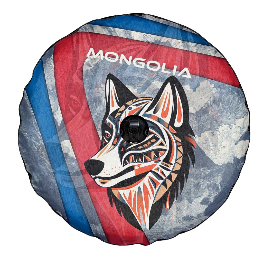 Mongolia Spare Tire Cover with Tribal Wolf Clouds Red Blue Flag Spirit