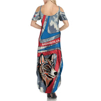 Mongolia Summer Maxi Dress with Tribal Wolf Clouds Red Blue Flag Spirit