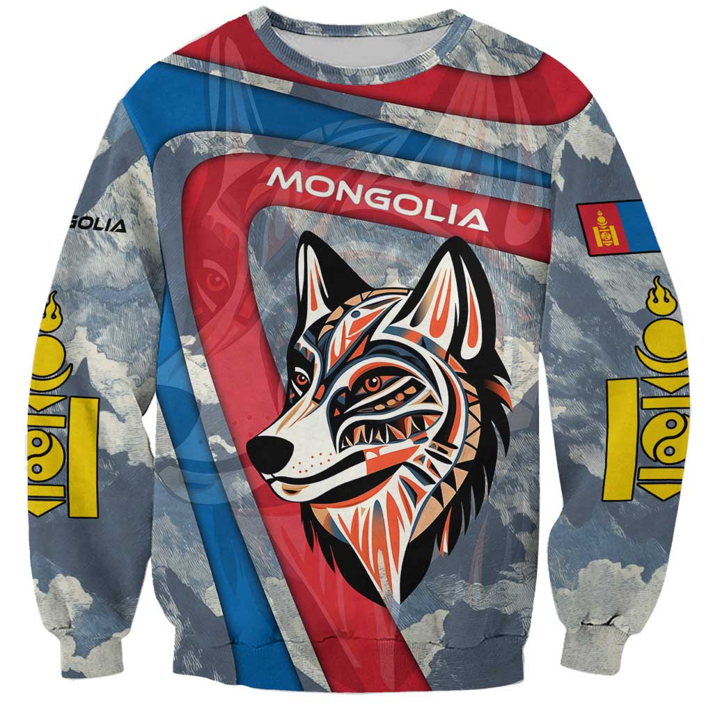 Mongolia Sweatshirt with Tribal Wolf Clouds Red Blue Flag Spirit