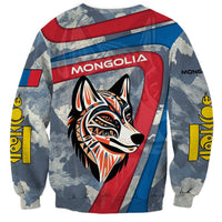 Mongolia Sweatshirt with Tribal Wolf Clouds Red Blue Flag Spirit