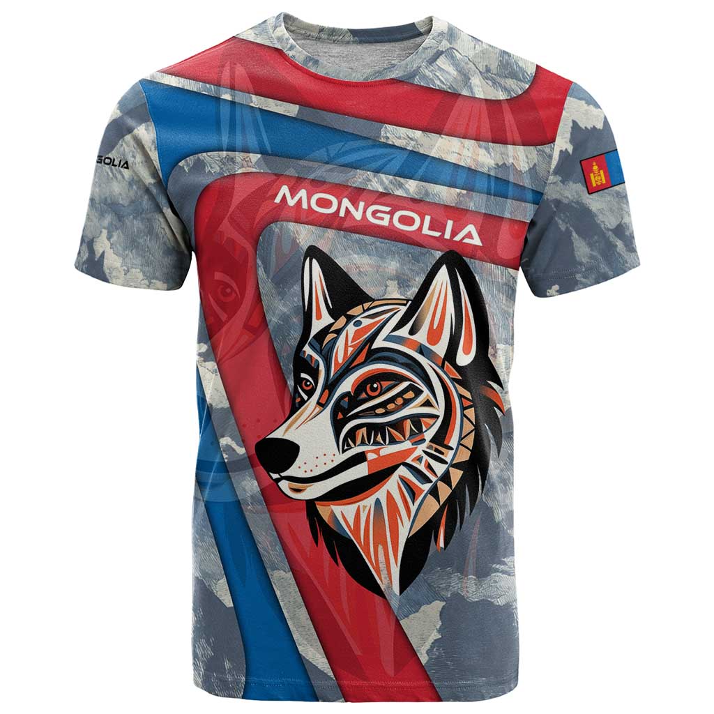 Mongolia T Shirt with Tribal Wolf Clouds Red Blue Flag Spirit