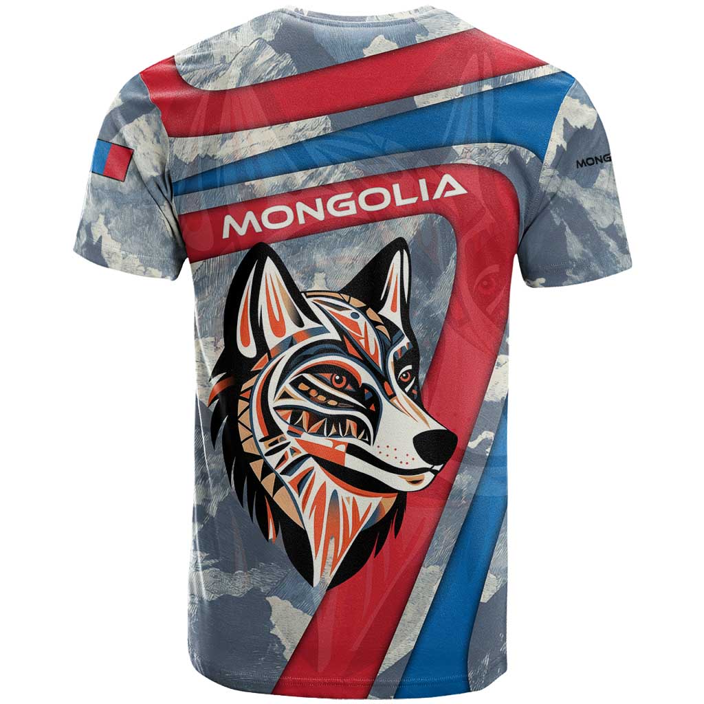 Mongolia T Shirt with Tribal Wolf Clouds Red Blue Flag Spirit