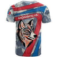 Mongolia T Shirt with Tribal Wolf Clouds Red Blue Flag Spirit