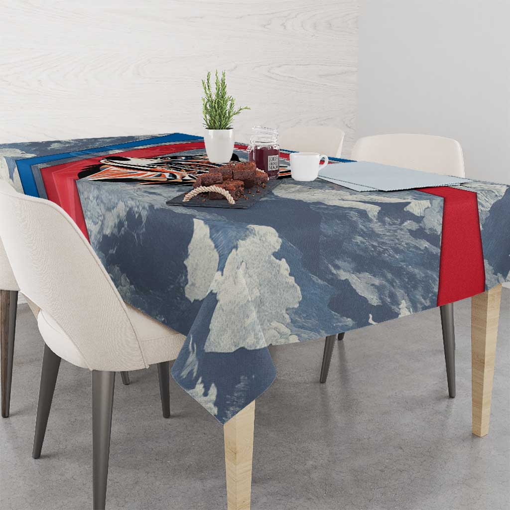 Mongolia Tablecloth with Tribal Wolf Clouds Red Blue Flag Spirit