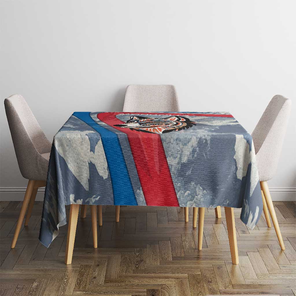 Mongolia Tablecloth with Tribal Wolf Clouds Red Blue Flag Spirit