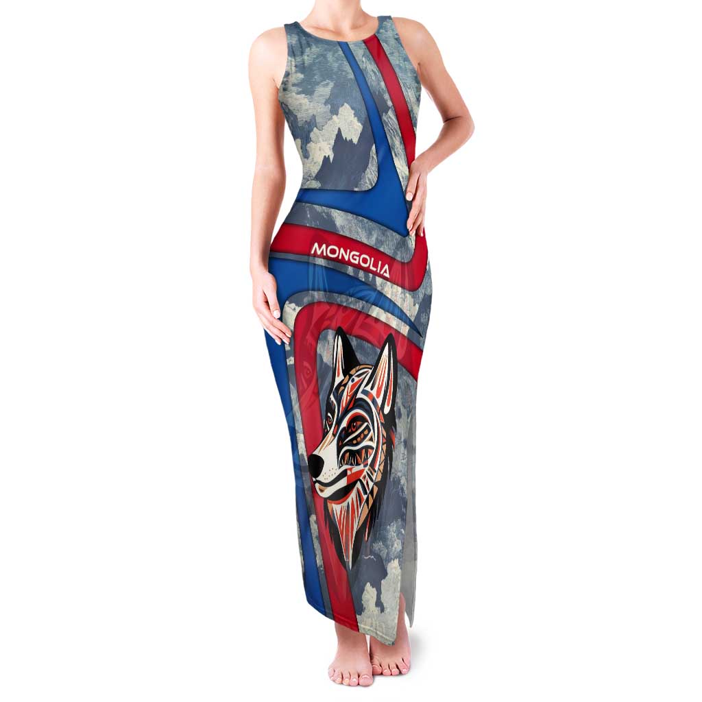 Mongolia Tank Maxi Dress with Tribal Wolf Clouds Red Blue Flag Spirit