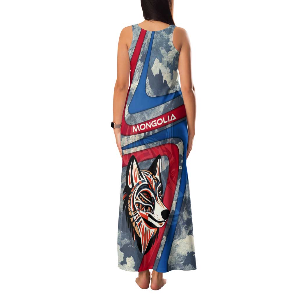 Mongolia Tank Maxi Dress with Tribal Wolf Clouds Red Blue Flag Spirit
