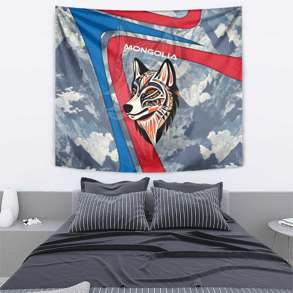 Mongolia Tapestry with Tribal Wolf Clouds Red Blue Flag Spirit