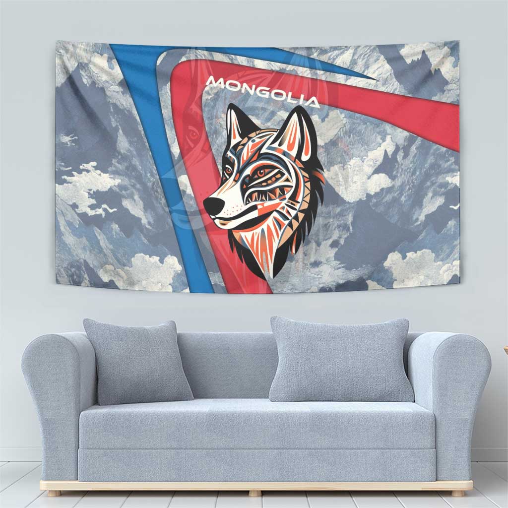 Mongolia Tapestry with Tribal Wolf Clouds Red Blue Flag Spirit