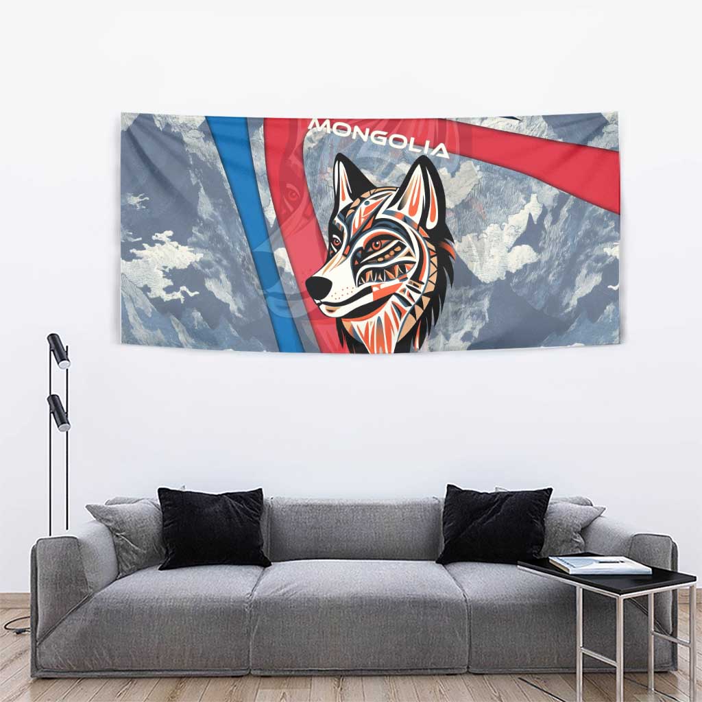 Mongolia Tapestry with Tribal Wolf Clouds Red Blue Flag Spirit