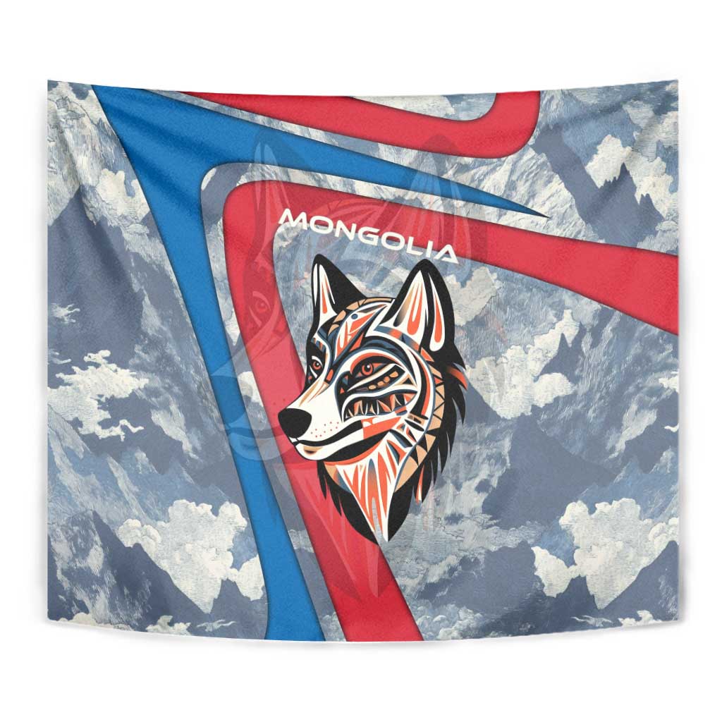 Mongolia Tapestry with Tribal Wolf Clouds Red Blue Flag Spirit