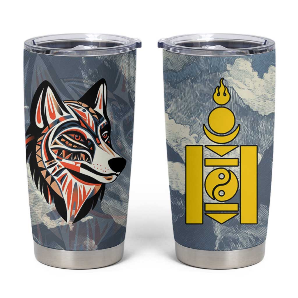Mongolia Tumbler Cup with Tribal Wolf Clouds Red Blue Flag Spirit