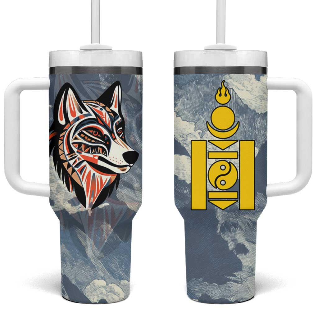 Mongolia Tumbler With Handle with Tribal Wolf Clouds Red Blue Flag Spirit