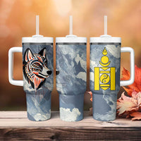 Mongolia Tumbler With Handle with Tribal Wolf Clouds Red Blue Flag Spirit