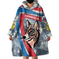 Mongolia Wearable Blanket Hoodie with Tribal Wolf Clouds Red Blue Flag Spirit