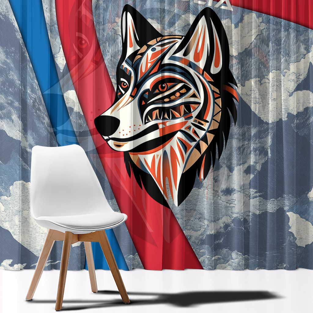 Mongolia Window Curtain with Tribal Wolf Clouds Red Blue Flag Spirit