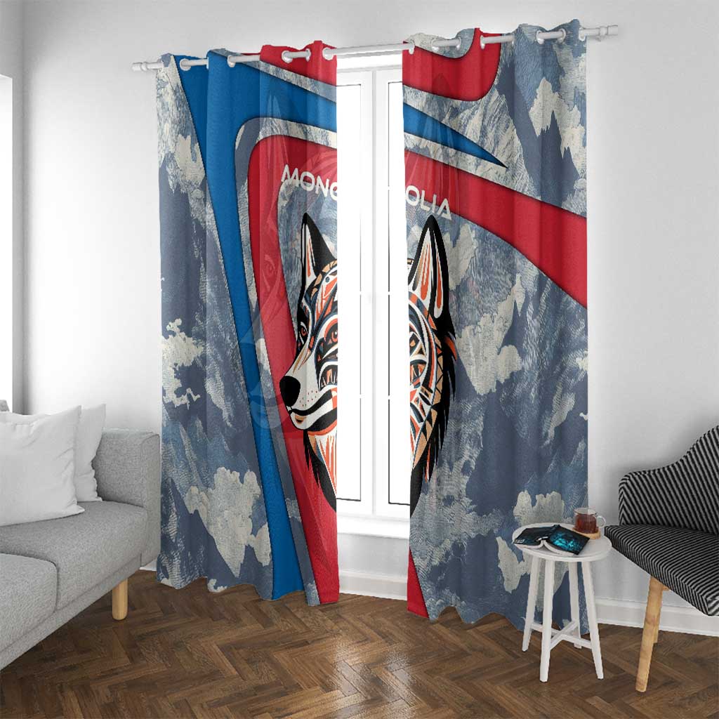 Mongolia Window Curtain with Tribal Wolf Clouds Red Blue Flag Spirit