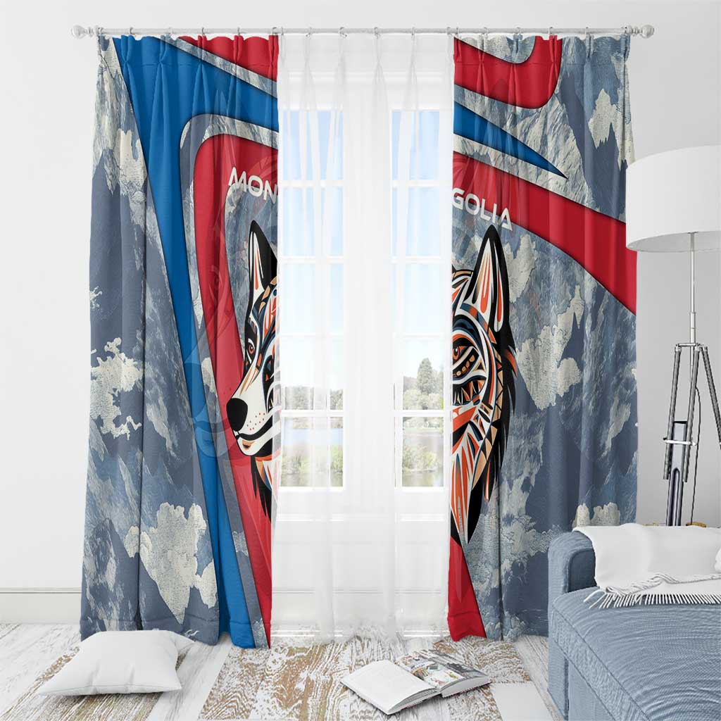 Mongolia Window Curtain with Tribal Wolf Clouds Red Blue Flag Spirit