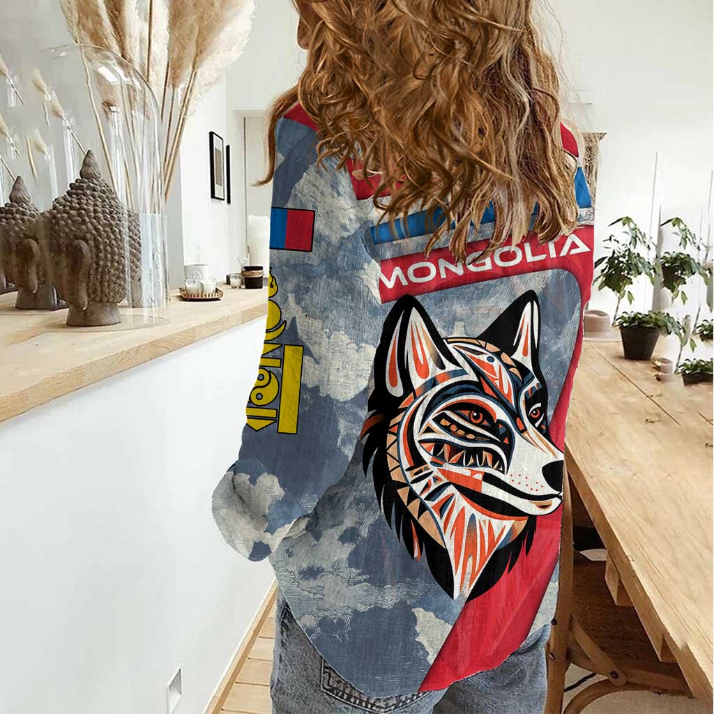 Mongolia Women Casual Shirt with Tribal Wolf Clouds Red Blue Flag Spirit